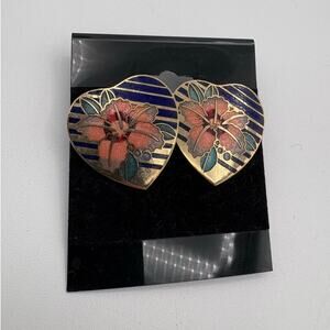 Vintage Cloisonné Heart Shapes Floral Lily Earrings